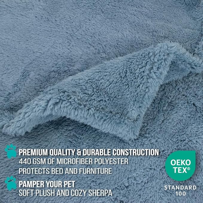 PetAmi Fluffy Waterproof Dog Blanket for Medium Large Dogs, Soft Warm Pet Sherpa Throw Pee Proof Couch Cover, Reversible Cat Bed Blanket Sofa Protector, Plush Washable Pad (Dusty Blue, 40x60)