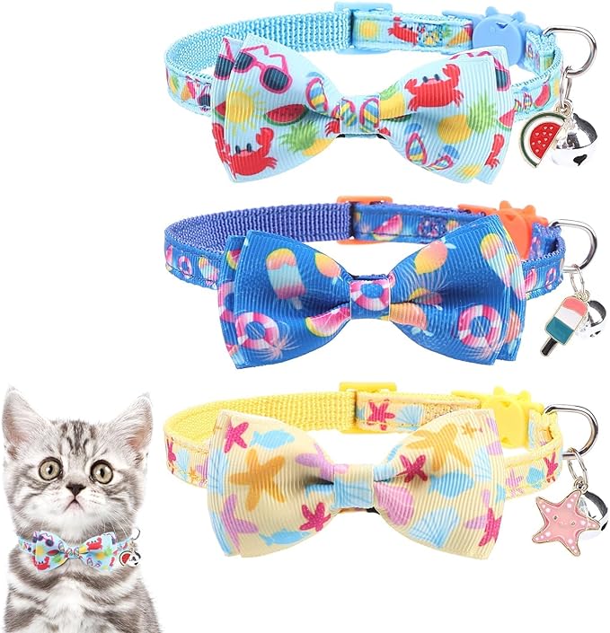KOOLTAIL Breakaway Cat Collars for Boy Cats with Bow Tie and Bell, 3 Pack Fancy Ocean Theme Kitten Collars with Cute Charm Pendant & Safety Buckle, Adjustable Soft Collars for Boys Girls Kitty