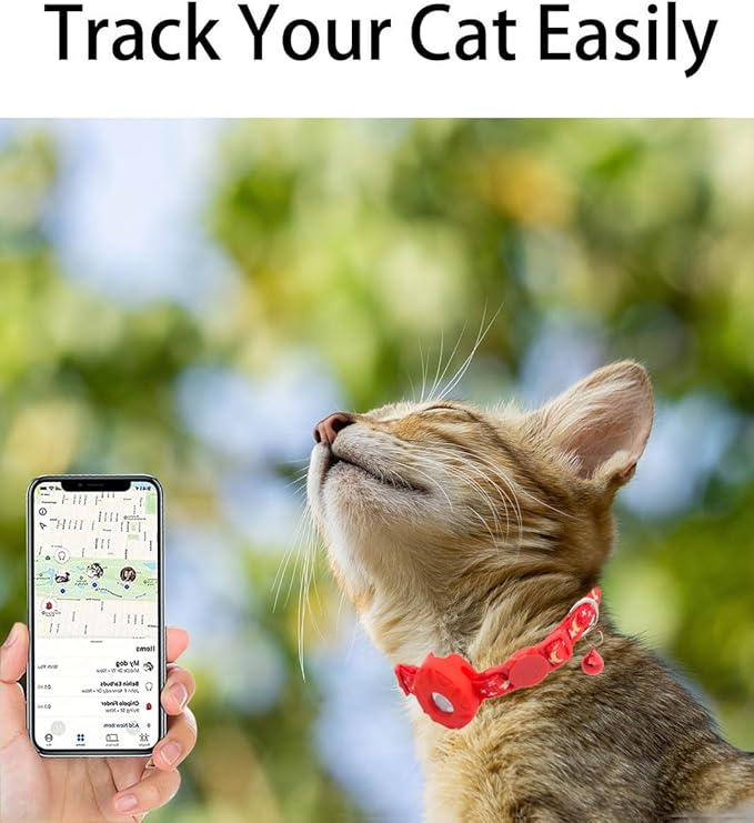 Airtag Cat Collar Breakaway, Safety Kitten Collar with Apple Airtag Holder, GPS Cat Collar with Bell, Lightweigh Tracker Cat Collars for Girl Boy Cats, Kittens and Puppies (red Moon)