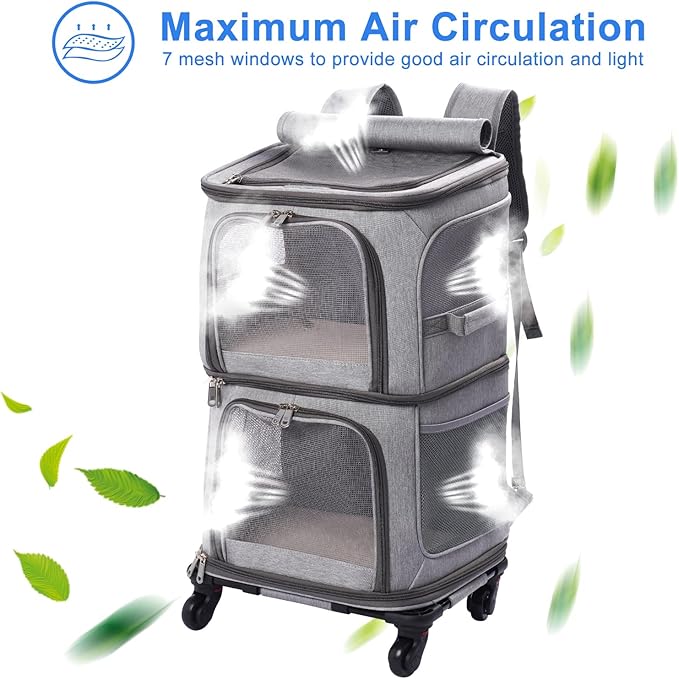 Double Pet Carrier Backpack with Wheels for Small Cats and Dogs, Rolling Cat Travel Carrier, Super Ventilated Design, Ideal for Traveling/Hiking/Camping, Grey