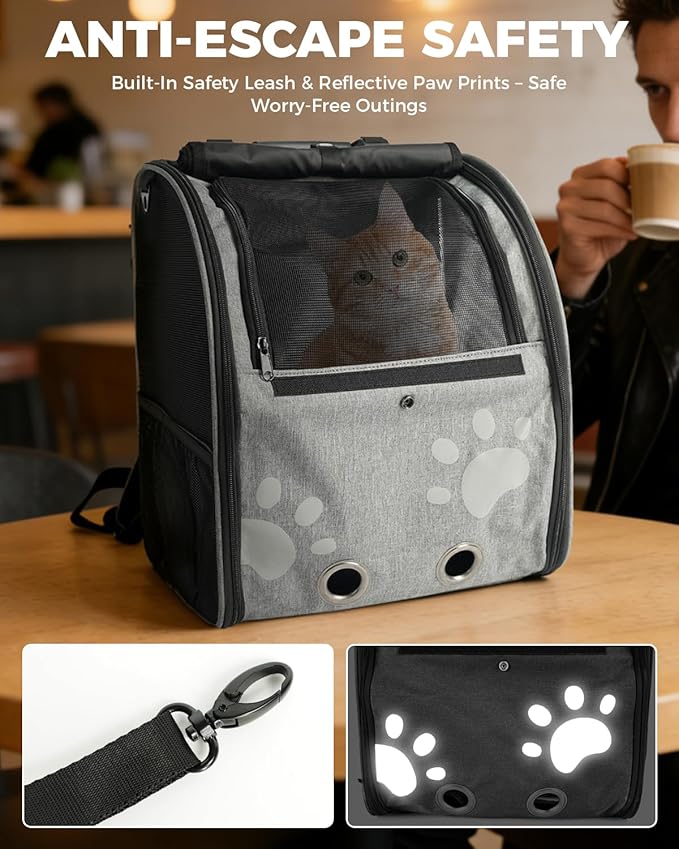 Cat Carrier Backpacks for Kitty Small Dog up to 15 lbs, Lightweight and Foldable Dog Backpack Carrier with Breathable mesh for Travel, Walking, Hiking, Camping and Vet (Grey)