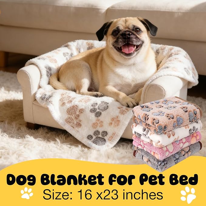 4 Pack Premium Soft Pet Blankets Washable, 23" x 16" Flannel Blankets for Dog Puppy Cat, Brown/Pink/White/Coffee