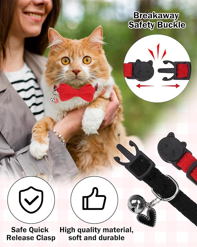 Cat Collar Breakaway with Bells, Soft Cotton Red Cat Bowtie Collar for Girl Cats, Small Cats Collar with Bow for Spring Summer, 2 Pack Cute Kitten Collars with Removable Bowtie 8-12Inch