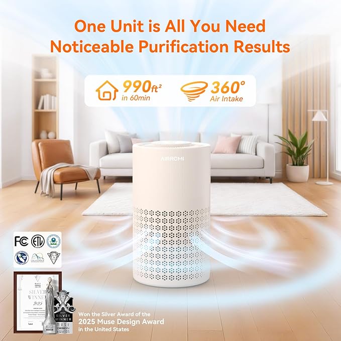 AIRROMI Air Purifier for Bedroom with A2001 Creamy Beige