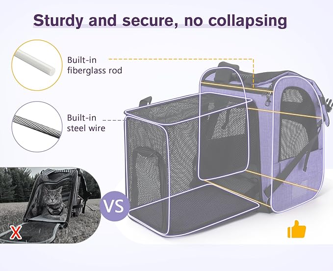 Pecute Cat Backpack Carrier Expandable, Pet Backpack for Cats & Small Dogs Up to 11lbs, with 4-Side Breathable Mesh, Multi-Entry & Lockable Zippers for Travel, Hiking, Camping - Hands Free, Purple