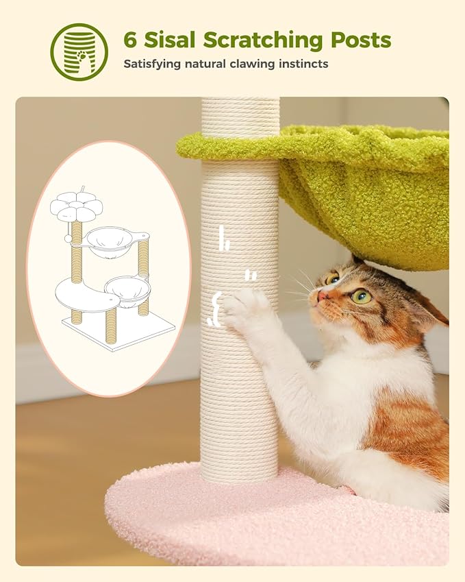 Flower Cat Tree with 2 Large Hammocks, 37.4" Small Cat Tower for Indoor Kitty with 6 Scratching Posts, Cute Cat Tree with Flower Top Perch, Pink