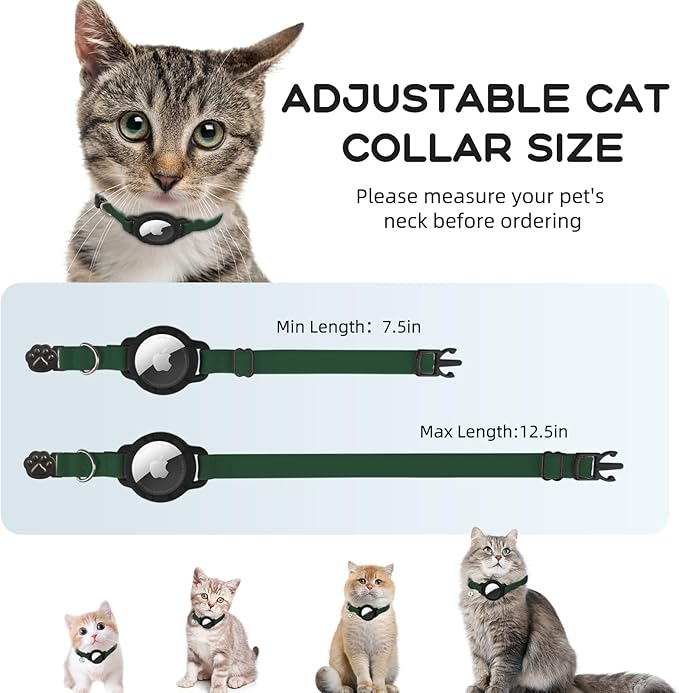 AirTag Cat Collars, Stretchy Collar with Apple AirTag Holder and Bell, Breakaway Ultra Design Elastic GPS Tracking Collars for Cats and Puppies, (7.5-12.5 Inch), Forest Green