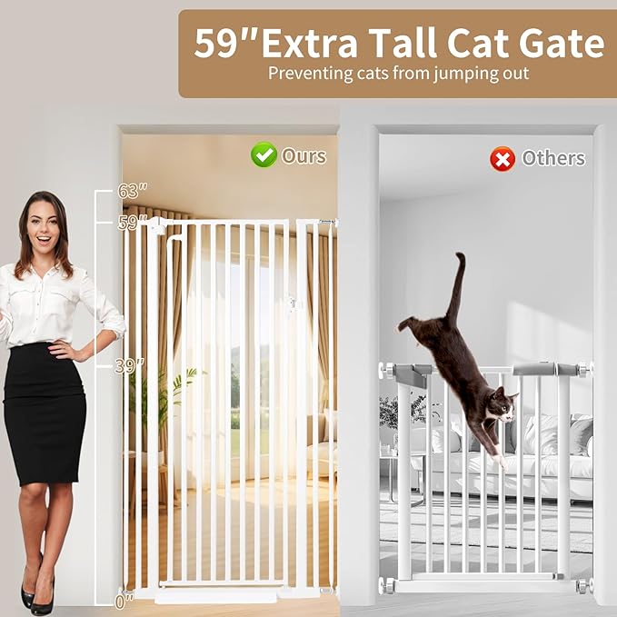 59“ Extra Tall Cat Gate for Doorway：29.4-33.4” Wide Pet Gate, Auto Close/One Handed Open, 1.34” Extra Small Gap, No Drill Pressure Mount Tall Cat Gate for Interior Stairs/Kitchens/Hallways (White)