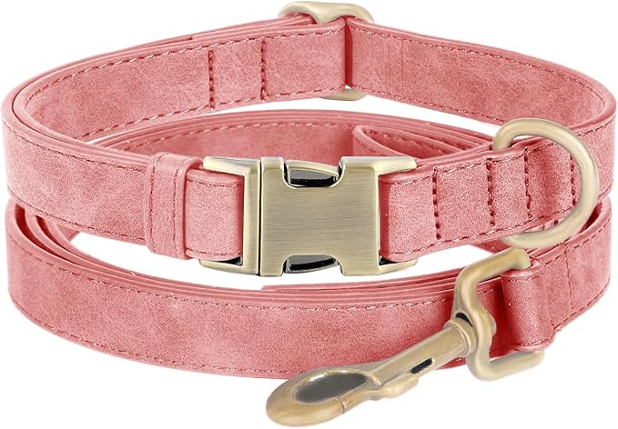 Genuine Leather Dog Collar - Adjustable Pet Collar with Quick Release Metal Buckle, Soft Skin Friendly Real Leather Collar for Small, Medium, Large Dogs (Pink Collar + Rope, L：Fit 15-23" Neck)