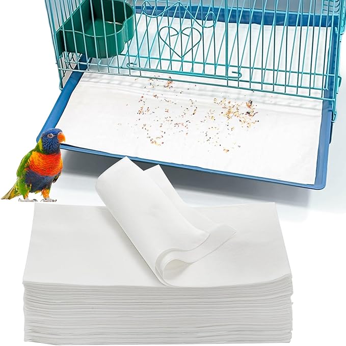 Okllen 200 Pcs Bird Cage Liners, 11x20 Inch Disposable Cage Paper Liners Pad Absorbent Non-Woven Tray Liners for Parrot Parakeet Finch Canary Pet Bird, White