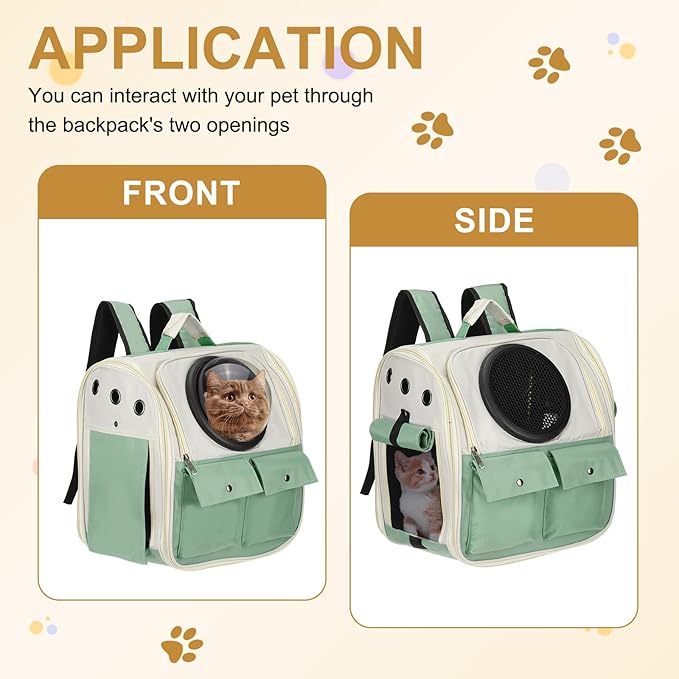 Pet Backpack Carrier, Portable and Ventilated, Oxford Cloth, Dogs Cats and Small Animals Travel Bag 12.99", (Green, 1 Pcs), Intended for Hiking/Camping/Traveling