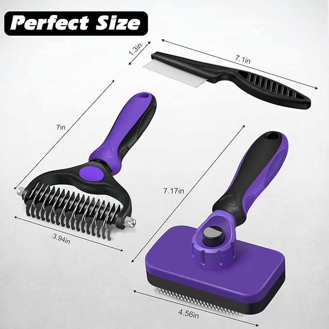 3PCS Self Cleaning Slicker Brush & Pet Grooming Rake & Flea Comb for Dogs,Cats and Horses | Double-Sided Dematting Comb & Skin Friendly Deshedding Grooming Tool | Premium Pet Supplies (Purple Black)