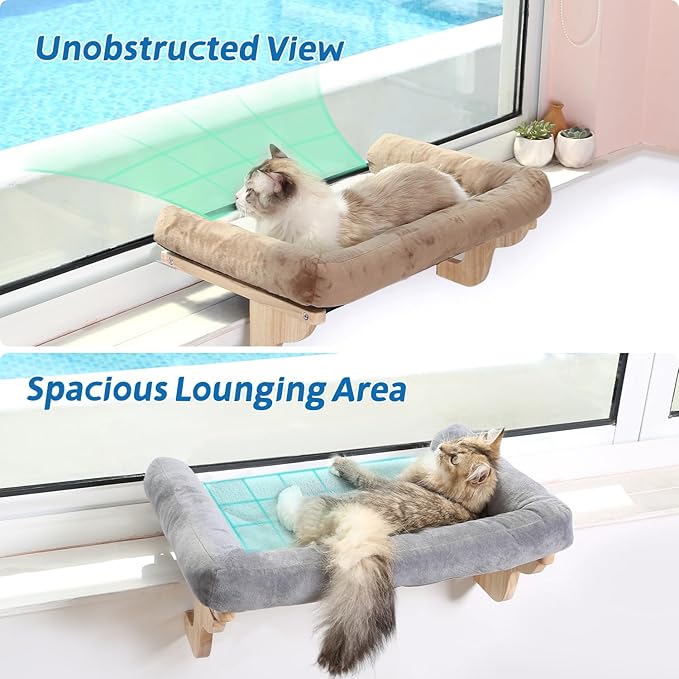 Zakkart Cat Perch for Window Sill with Bolster - Orthopedic Hammock Design with Premium Hardwood & Robust Metal Frame - Cat Window Seat for Large Cats - Natural Color Wood Gray Bed, XLarge 26.4''W