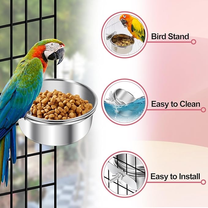 ToLanbbt 4 Pcs Stainless Steel Bird Food Bowls Bird Water Bowls with Clamp Holder, Parrot Feeding Dish Cups Parrot Cage Coop Feeders for Cockatiel Conure Budgie Parakeet Macaw Lovebird Small Animal, M