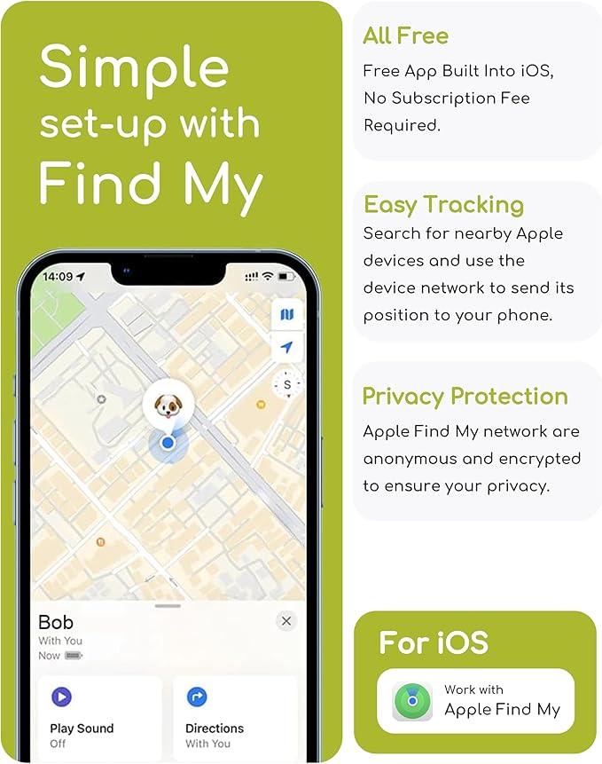 Dog Tracker, Smart Dog Collar with Real-time Pet Location, Cat Tracker Collar (iOS Only), No Monthly Fee & Long Battery Life, Works with Find My, Ideal for Dog/Cat