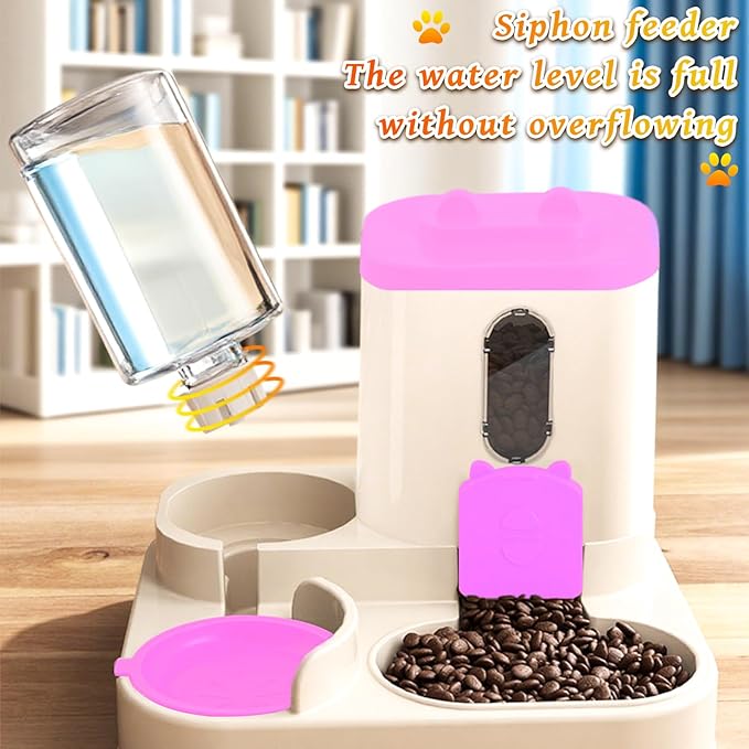 Gravity Cat Feeder and Water Dispenser, 2 in 1 Automatic Cat Feeder, 2 Pack Large Capacity Self Feeding for Small Medium Dog Puppy Kitten （Pink）