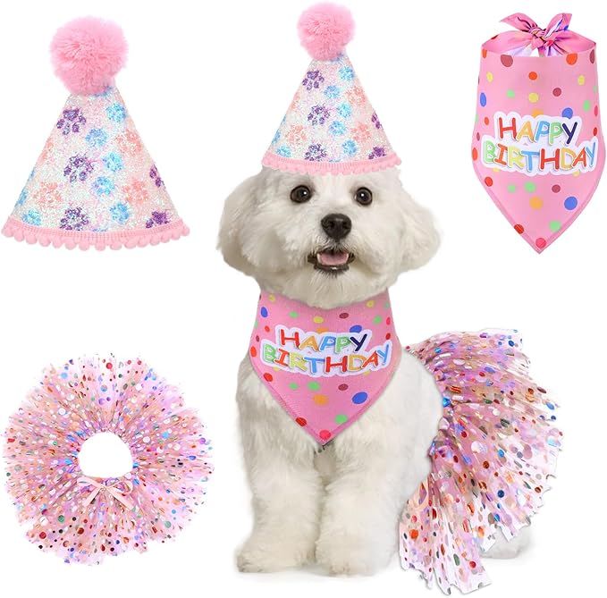 Dog Birthday Bandana with Hat and Dress Girl Set Puppy Birthday Party Supplies Cute Tutu Skirt Outfit for Small Medium Large Dogs Decorations(Purple) (Rose red)