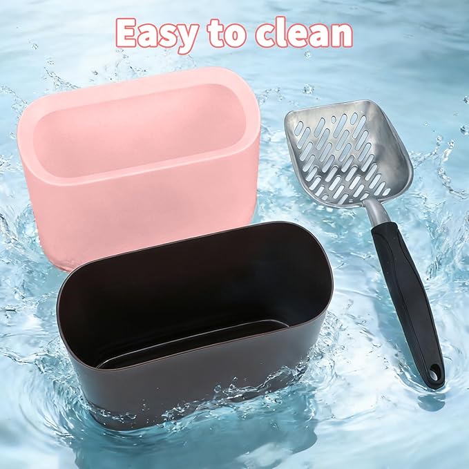 Heavy-Duty Cat Litter Scoop with Holder, Metal Cat Scooper and Detachable Trash Can,Aluminum Kitty Poop Shovel Captures All Clumps,Speed Sifter Litter Box Scooper and Caddy with Lid(Pink)