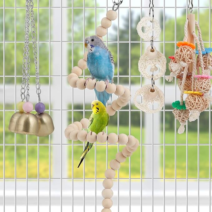 For Parakeet, Conure, Cockatiel, Love Birds, Parrots - Bird Cage Hammock with Ladder, Hanging Bell Swing, Chewing Toy