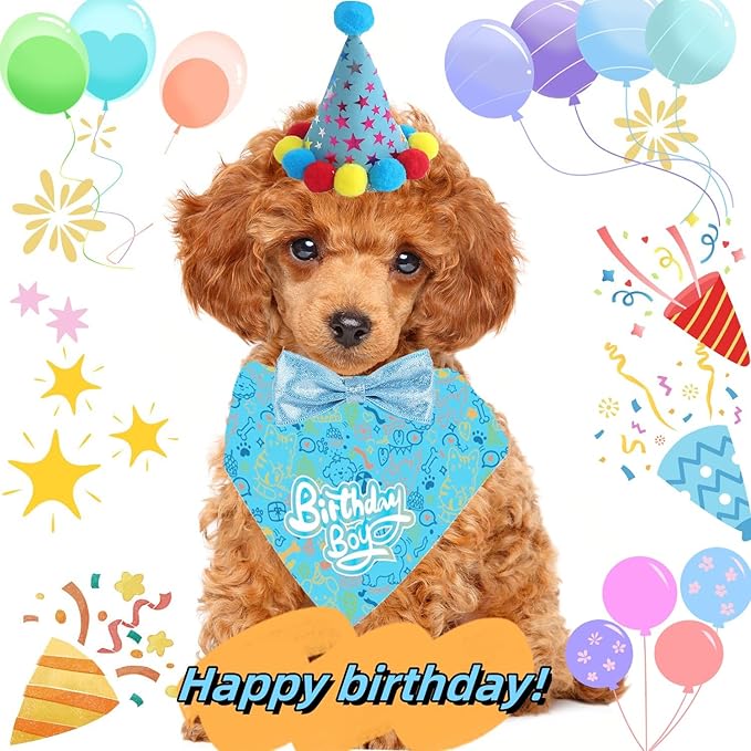 Happy Birthday Dog Party Supplies Kit - Dog Party Hat, Bandana, Bowtie & Happy Birthday Banner Decorations for Small Dogs, Puppy Birthday Outfit Accessories & Pet Birthday Party Decor (Blue)