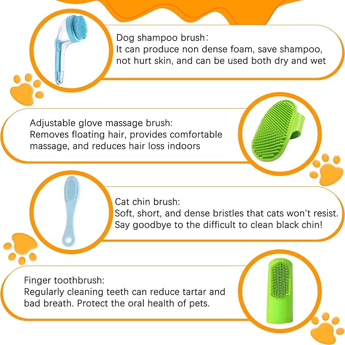 7 PCS Pet Bath Brush Set, Dog Bath Brush with Shampoo Dispenser, Cat Chin Cleaning Brush, Dog Toothbrush, Adjustable Glove Massage Brush, Pet Scrubber for Bathing Long Short Haired Dogs Cats
