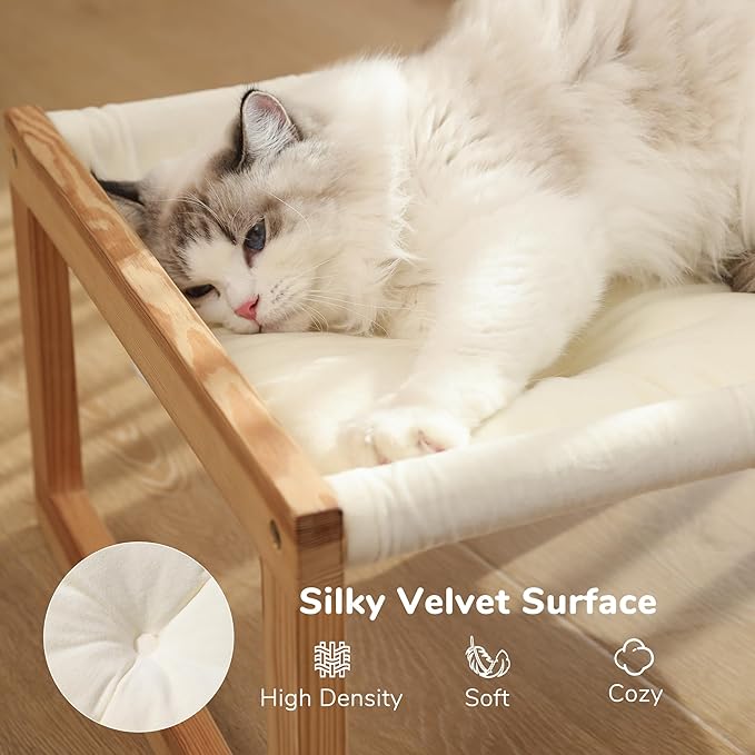 FUKUMARU Cat Bed Hammock, Cozy Velvet Cat Couch for Indoor Cats, Raised Wooden Cats Perch, 21 Inch Pet Sofa, Outdoor Dog Beds, Suitable for Puppy, Bunny and Small Animal, White