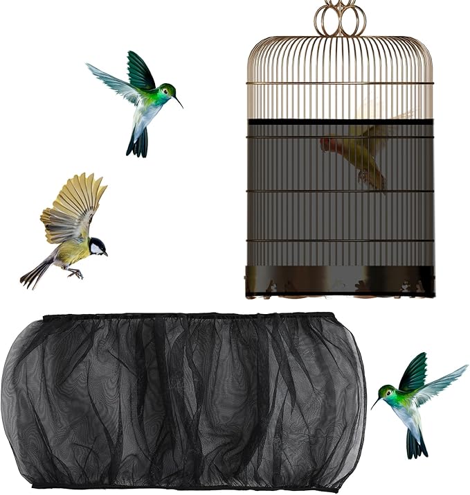 Bird Cage Seed Catcher, Bird Cage Net, Large Stretchy Form Fitting Mesh Skirt Cover, Adjustable Soft Airy Nylon Mesh Net, Birdcage Cover Skirt Seed Guard for Parrot Parakeet Macaw (Black)