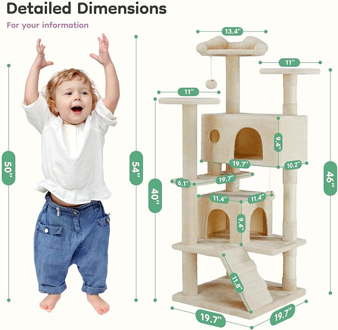 Cat Tree Tower, 54-Inch Cat Tree for Indoor Cats, Multi-Level Furniture Activity Center Cat Tower with Scratching Post, Beige