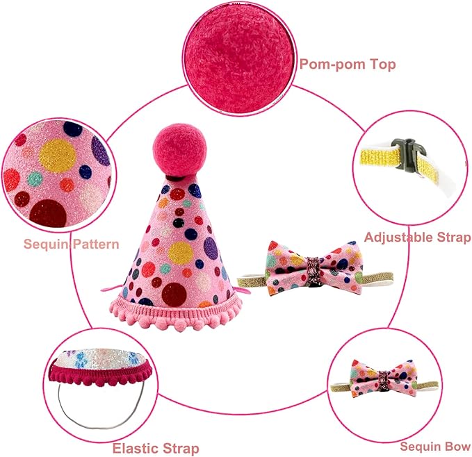 Christmas Pet Party Jazz Hat and Blingbling Bow Tie Breakaway Collar Set, Adjustable Headband for Kitten Puppy Small Dogs Cats (Dot-Pink)