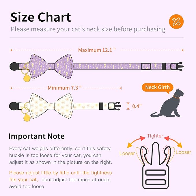 2 Pack Breakaway Cat Collar with Removable Bow Tie and Bell for Boy Girl Cats,Cute Cotton Kitten Collar with Purple Lavender and Red Flower Pattern for Female Male Cats (Lightning&Sun)