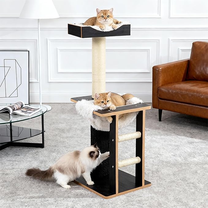 Cat Tree, 37.4-Inch Cat Tower with Plush Cozy Perch for Indoor Cats, Sturdy Tower with Fully Sisal-Wrapped Columns and Plush Toy Ball for Kitty Play, Black