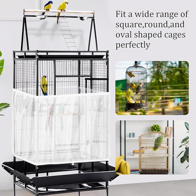 4 PCS Bird Cage Cover, Universal Bird Cage Seed Catcher, Adjustable Elastic Band Stretchy Skirts Mesh Cover, Reusable for Round and Square Cages (M, XL, Black, White)
