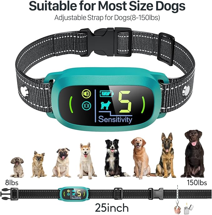 Dog Bark Collar for Large Medium Small Dogs, Rechargeable Smart Bark Collar, Anti Barking Training Collar with 5 Adjustable Sensitivity Beep Vibration (Teal)