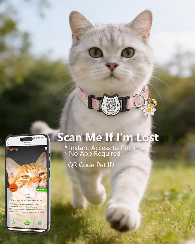 Cute Floral Breakaway Cat Collar with QR Code ID Tag, Soft Cotton Adjustable Kitten Collar with Bell, Personalized Scan ID for Cats, Daisy Pattern,Flower Pendant (Pink)