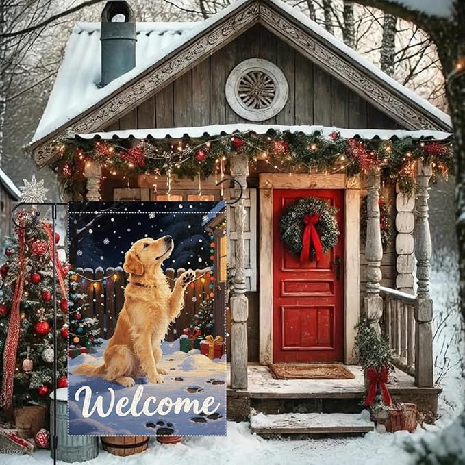 Golden Retriever Welcome Garden Flag 12x18 Inch Double Sided Christmas Winter Burlap Outdoor Yard Decoration Holiday Dog Banner for Porch Patio Lawn