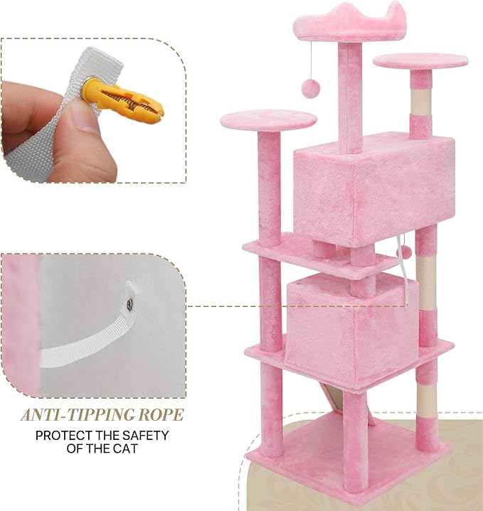 Athena Collection Cat Tree - 62" Multi-Level Cat Climbing Tower with 2 Cat Condo & Scratching Post