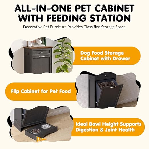 Tilt Out Trash Can Cabinet with Dog Bowl, 13 Gallons Dog Feeding Station with Storage, Dog Food Cabinet with Hideaway Drawer for Kitchen, Living Room,Laundry Room