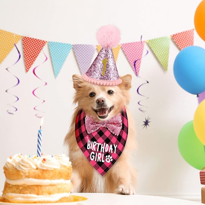 Weewooday Dog Birthday Party Supplies Birthday Boy Girl Cake Bandana Triangle Scarf Party Hat Dog Bow Tie Collar with Numbers for Large Medium Small Dog Puppy 1st Birthday(Sweet Style,Medium)