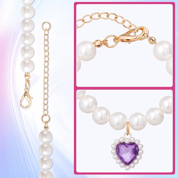 2pcs Cat Pearl Collar with Heart Pendant, Cute Pearl Pet Necklace in Small, Adjustable Wedding Party Small Dog Jewelry Accessories for Puppy Kitten- White & Purple
