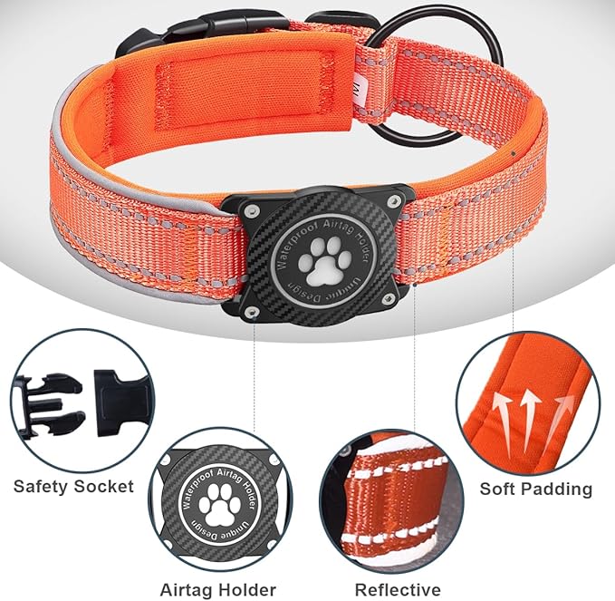 Airtag Dog Collar with Waterproof Air Tag Holder, Luminous Reflective, Soft Padded, Adjustable Nylon Pet Collar for Small Medium Large Heavy Duty Dogs,Orange, XL