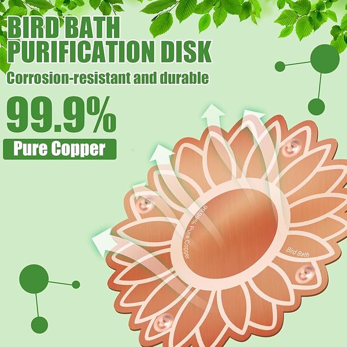 4 Pack Bird Bath Copper Disk Bird Bath Purification Disk with Triple-Point Support 99.99% Pure Copper Water Cleaner for Outside Bowl, Physical Safe Clean Water (Flowers)