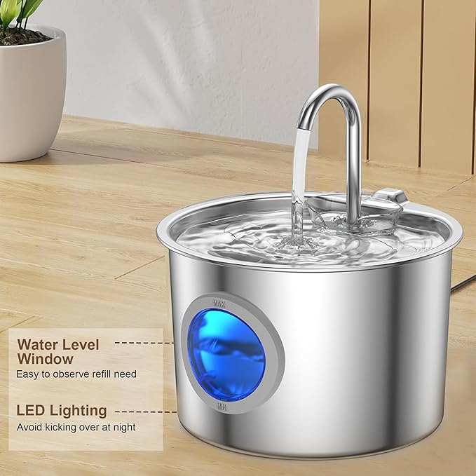 Cat Water Fountain Advanced 304 Stainless Steel 2.2L/74oz with Detachable Tank, Easy to Clean, Automatic Pet Fountain Quiet Cats Water Dispenser, Dogs (74oz Cat Fountain)