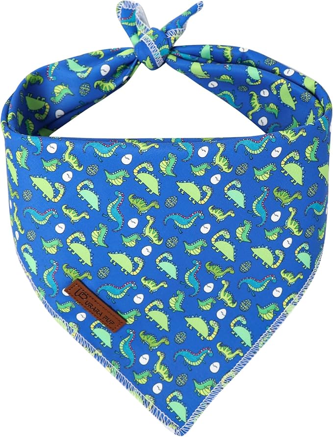 Summer Dog Bandana, UP URARA PUP Dinosaur Triangle Bid Scarf for Medium Large Dogs, Cotton Kerchief for Girl Boy Puppies, Cute Summer BlueBandana,L