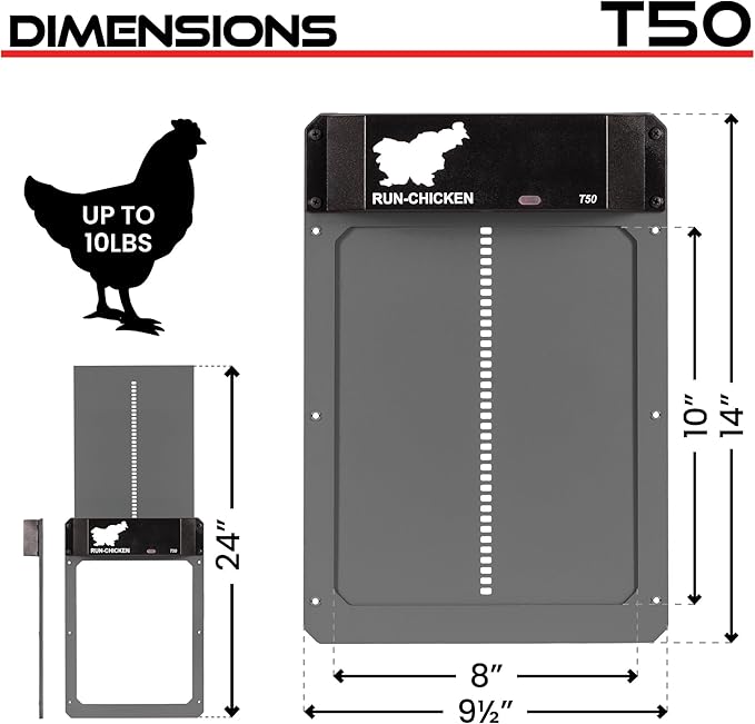 RUN-CHICKEN Door T50 – Automatic Chicken Coop Door Opener, Battery Powered & Weatherproof Aluminum, Smart App & Timer Control, Predator Proof, Easy Install, Reliable All-Season Performance (Gray)
