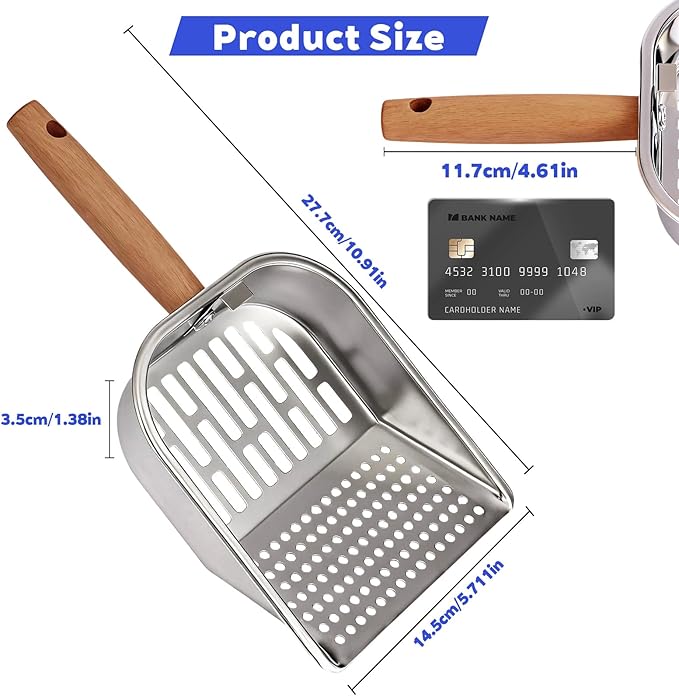 Litter Scooper, Metal Litter Scoop, Pooper Scooper with Wooden Handle, Cat Litter Scoop, Metal Scooper & Speed Sifter Deep Shovel Scoop Filter for Litter Box (Easy Assembly)