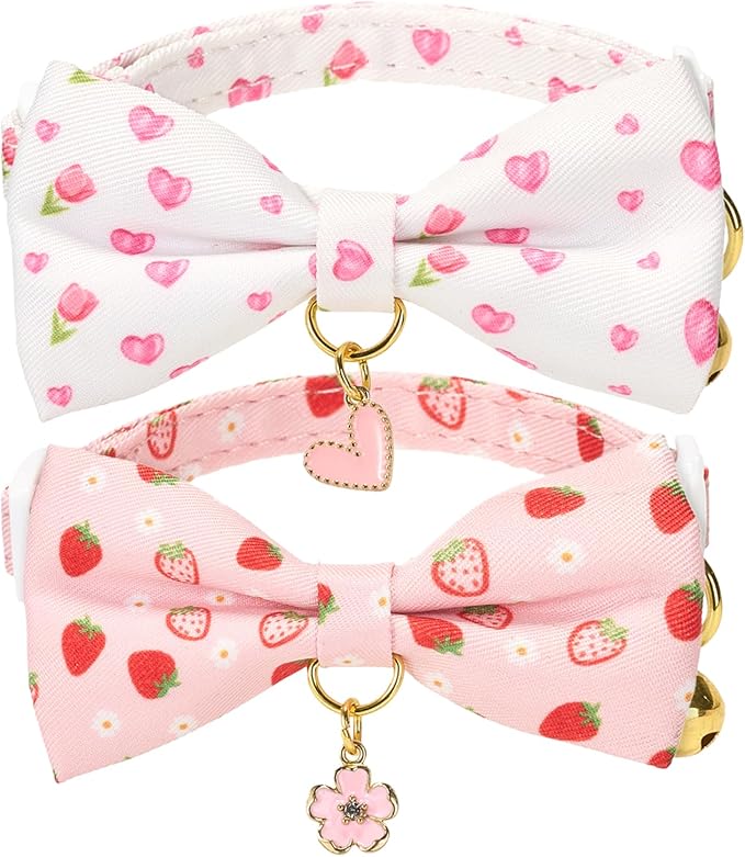 2 Pack Cat Collars, Removable Bowtie, Floral Pattern, Safety Breakaway Clasp, Adjustable for Cats.(Adult Cat, Pink Strawberry and White Heart)