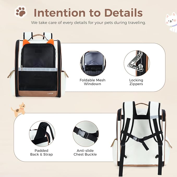 Lekereise Ventilated Dog Backpack Carriers, Cat Carrier Backpacks with Breathable Mesh for Small Cats Dogs Up to 17 Lbs, Pet Foldable Backpack Great for Travel Hiking Camping Outdoor Beige-Orange Ears