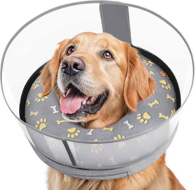 Inflatable Dog Cone with Anti-Licking Clear Shield, Protective Dog Donut Collar After Surgery, Adjustable Soft Recovery Cone for Pets, Alternative Collar with Buckle Strap (Grey Paw, L)