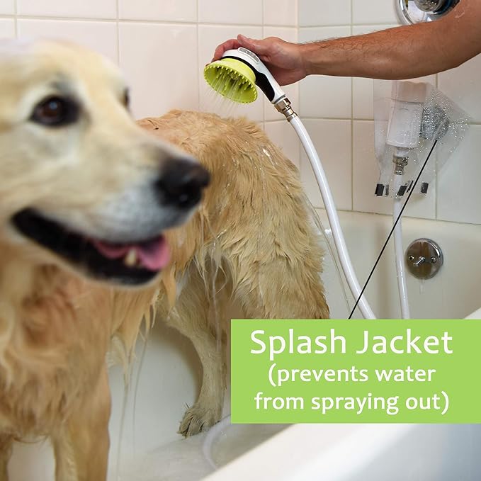 Wondurdog LARGE Sized Bathtub Spout and Garden Hose Attachment Dog Wash Kit w/Splash Shield and Rubber Scrubbing Teeth. Tub Spouts with Front Pull Up Diverter Only. Max Height 3.20". Home Pet Grooming