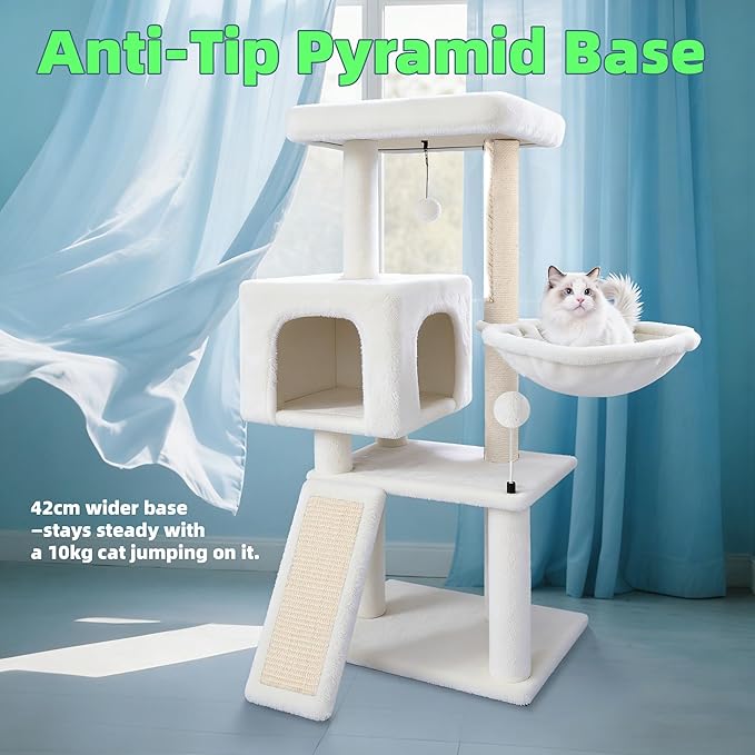 Cat Tree with Cat Condo and Hammock, Cat Tree with Scratching Posts and Scratching Pads, Cat Tower for Indoor Cats, Activity Centre Climbing Tree with Playful Toy Balls, Beige